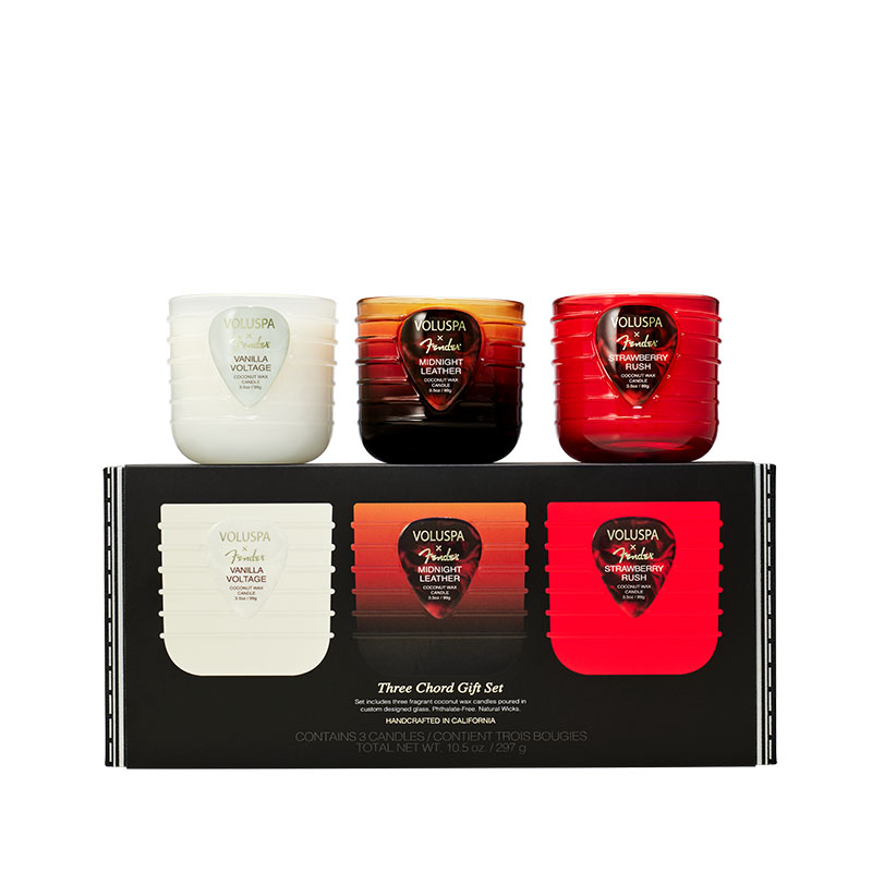 Fender Trio Gift Set com três mini velas e sua embalagem original